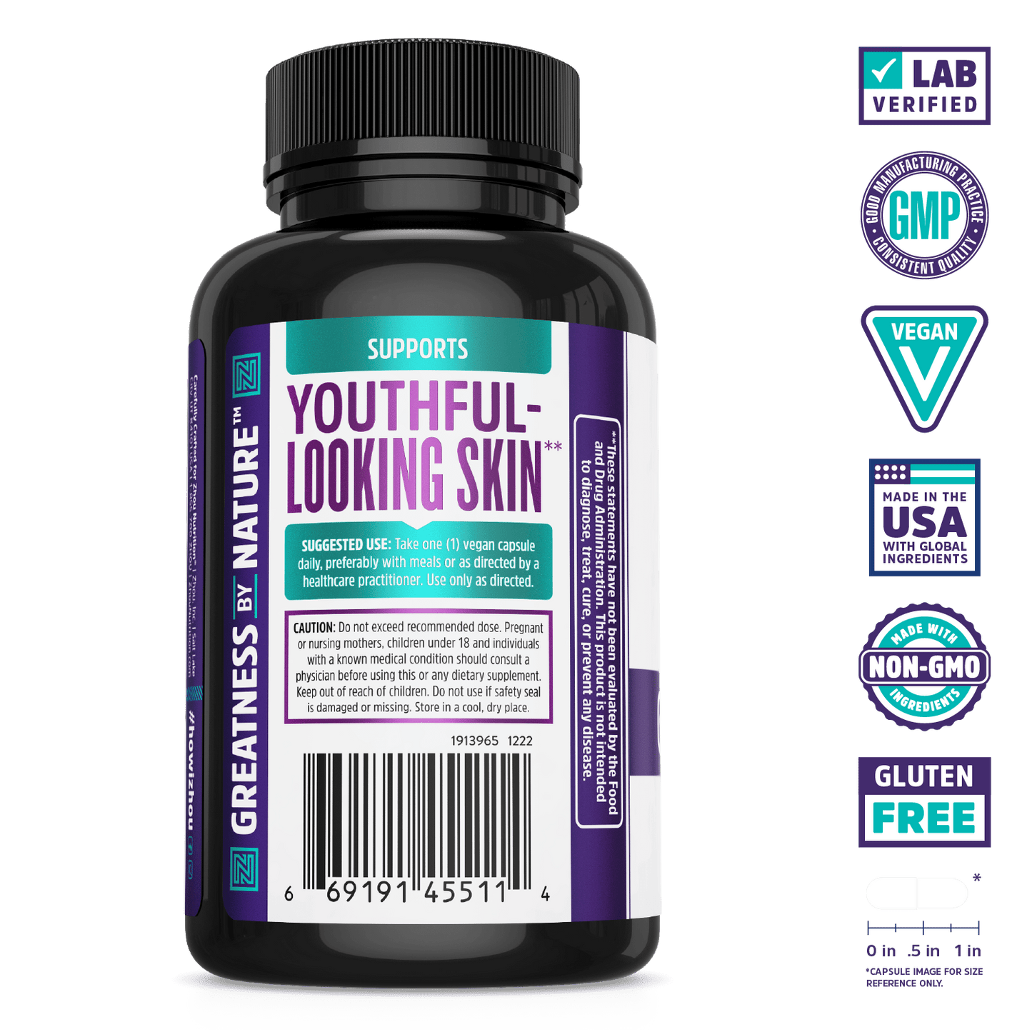 Glowfluence by Zhou Nutrition supports skin elasticity with vegan, non-GMO, gluten-free, and GMP badges.
