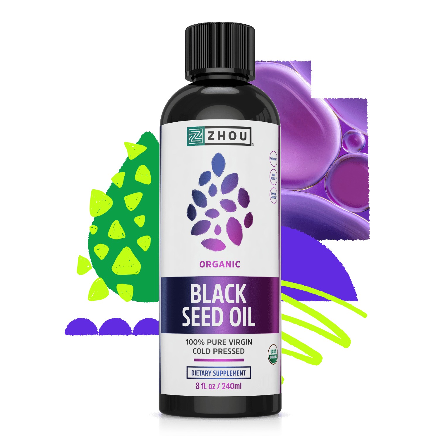 A bottle of Zhou Nutrition Black Seed Oil Liquid, rich in omega 3-6-9, on a colorful abstract background.