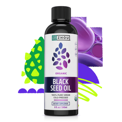 A bottle of Zhou Nutrition Black Seed Oil Liquid, rich in omega 3-6-9, on a colorful abstract background.