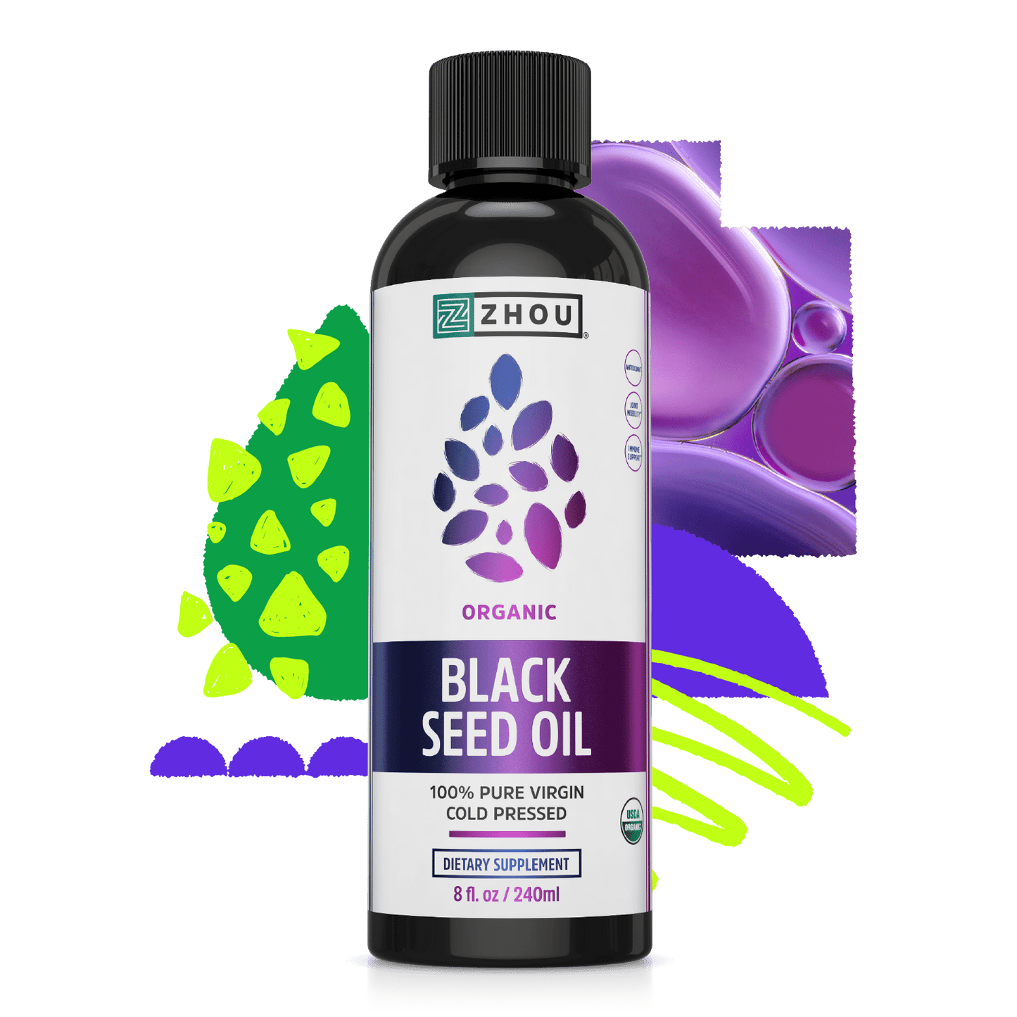 A bottle of Zhou Nutrition Black Seed Oil Liquid, rich in omega 3-6-9, on a colorful abstract background.