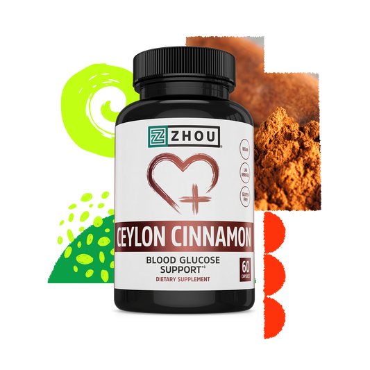 A bottle of Zhou Nutrition Ceylon Cinnamon, supporting glucose metabolism, with abstract designs and cinnamon powder behind.