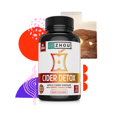 A Zhou Nutrition Cider Detox bottle with colorful abstract shapes and a desert rock background for metabolism boost.