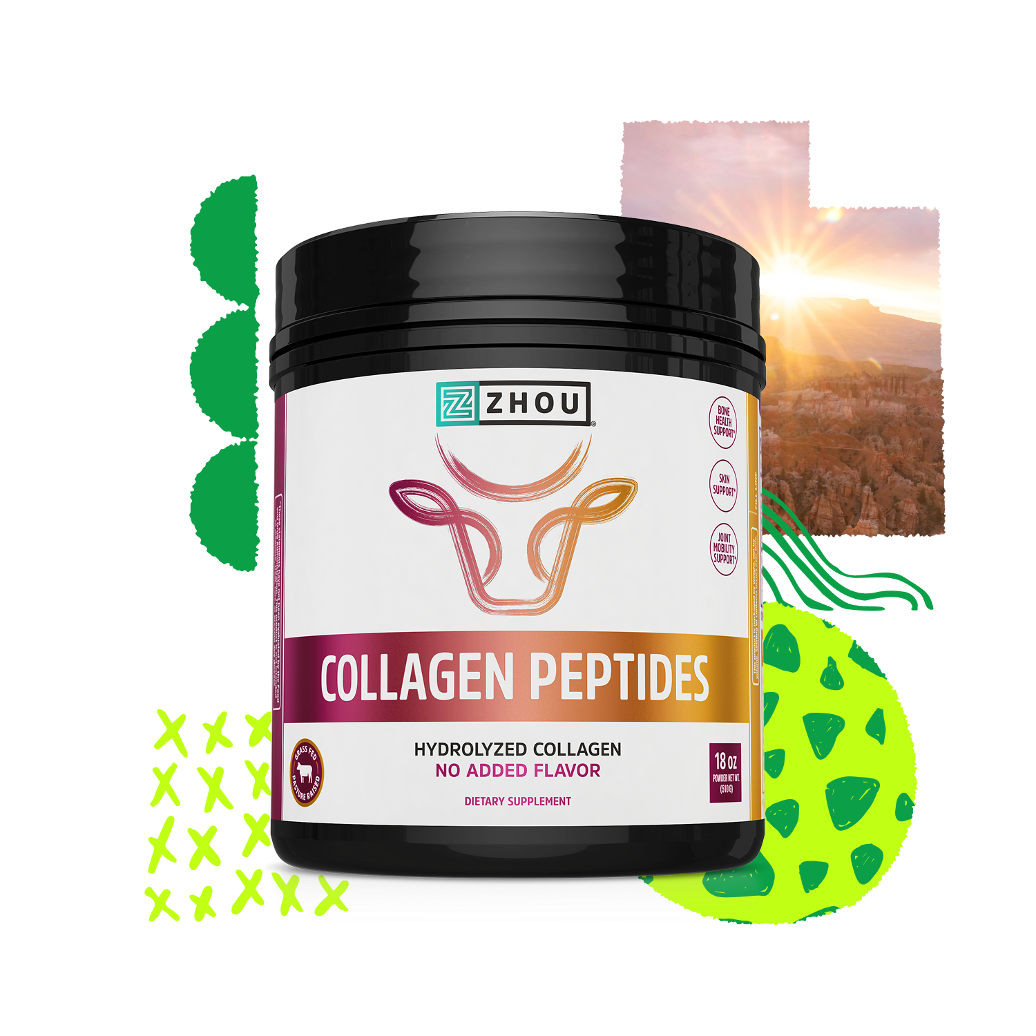 Black container of Zhou Nutrition Collagen Peptides, grass-fed collagen, on abstract green and orange background.