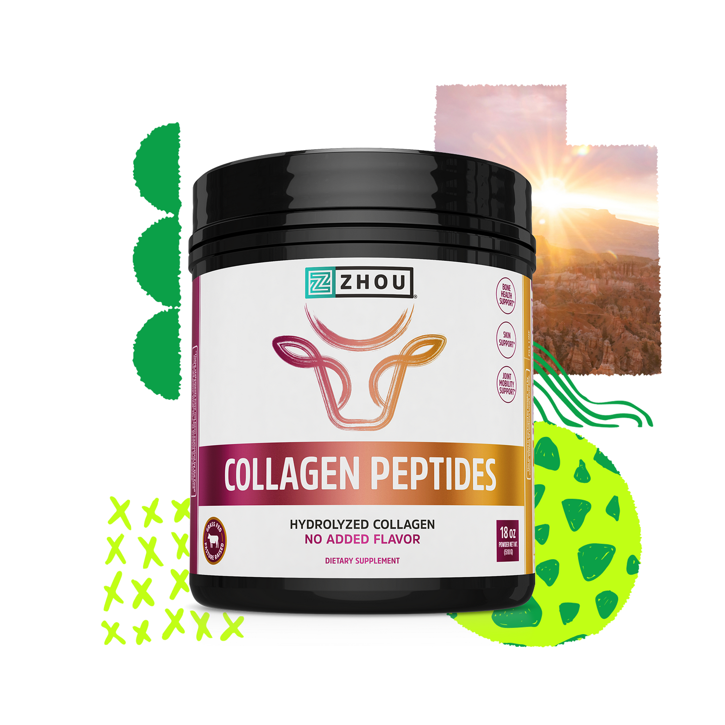 Black container of Zhou Nutrition Collagen Peptides, grass-fed collagen, on abstract green and orange background.