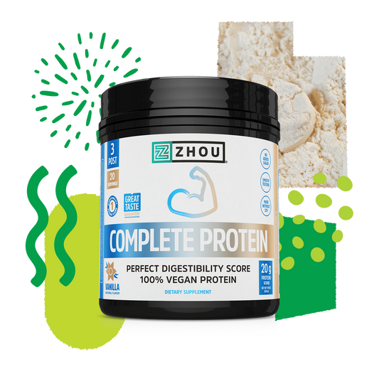 Zhou Nutrition Complete Protein Vanilla vegan powder with scoop on a graphic backdrop.
