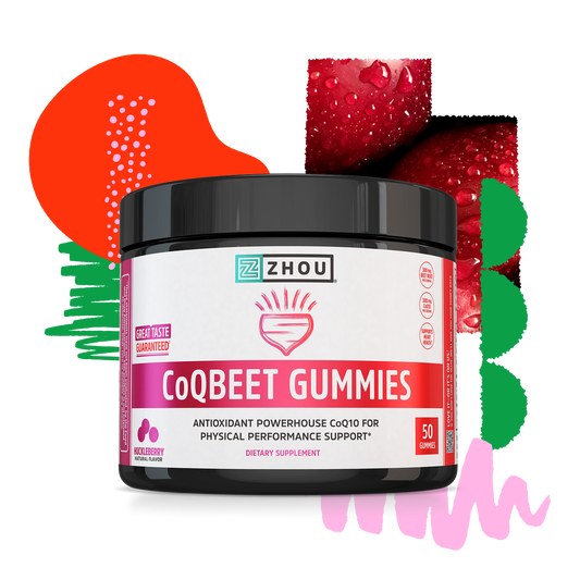 A jar of Zhou Nutrition CoQBeet Gummies with CoQ10 and beet root, surrounded by colorful berry images.