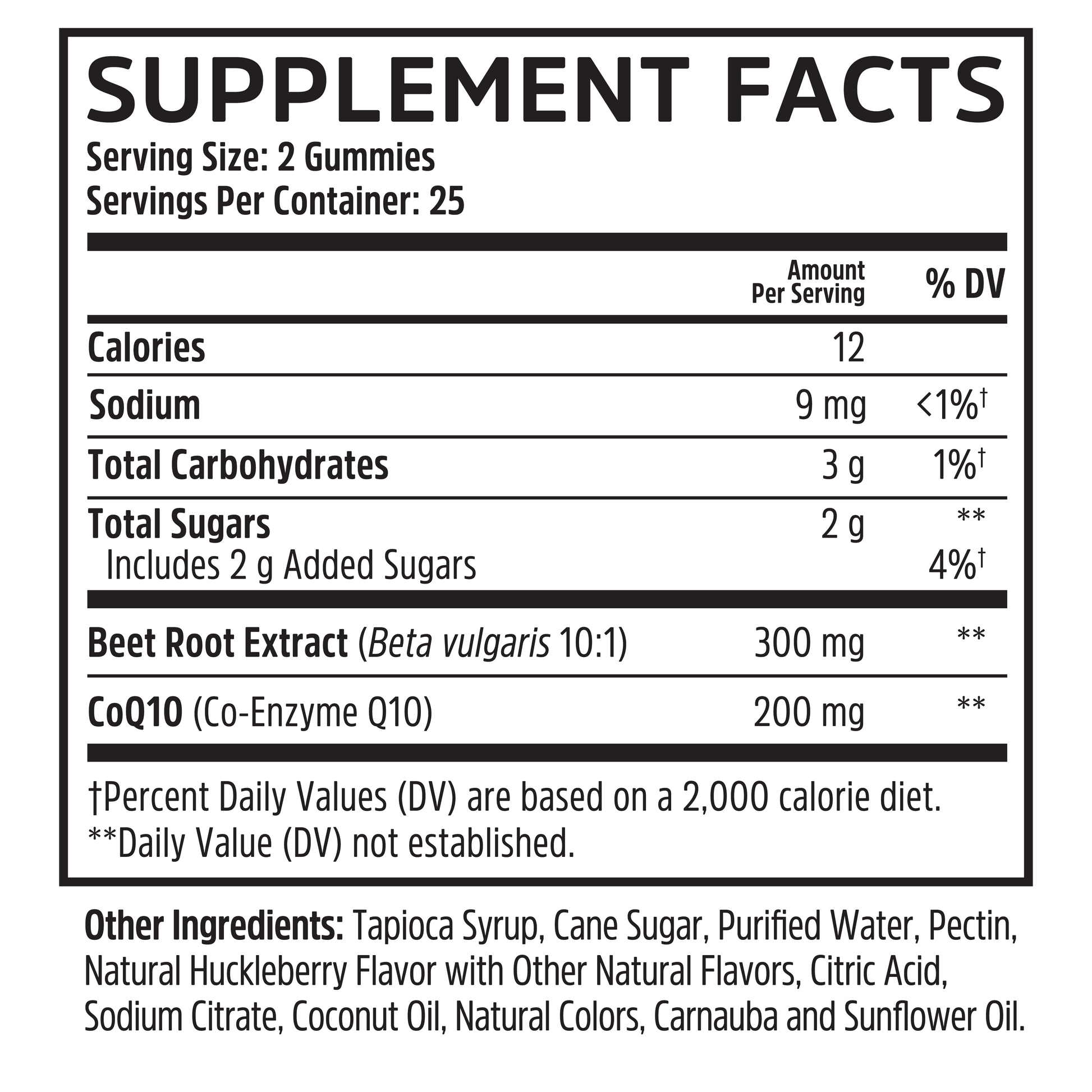 Zhou Nutrition CoQBeet Gummies: Supplement Facts—calories, sodium, carbs, beet root extract, CoQ10 for heart health.