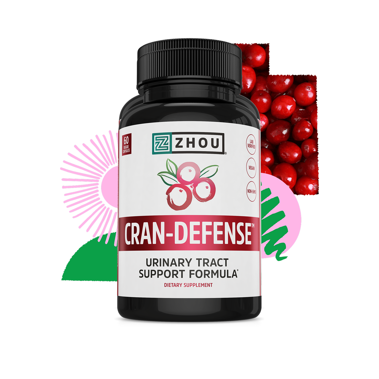 Zhou Nutrition Cran-Defense offers urinary tract support with D-mannose and cranberries.