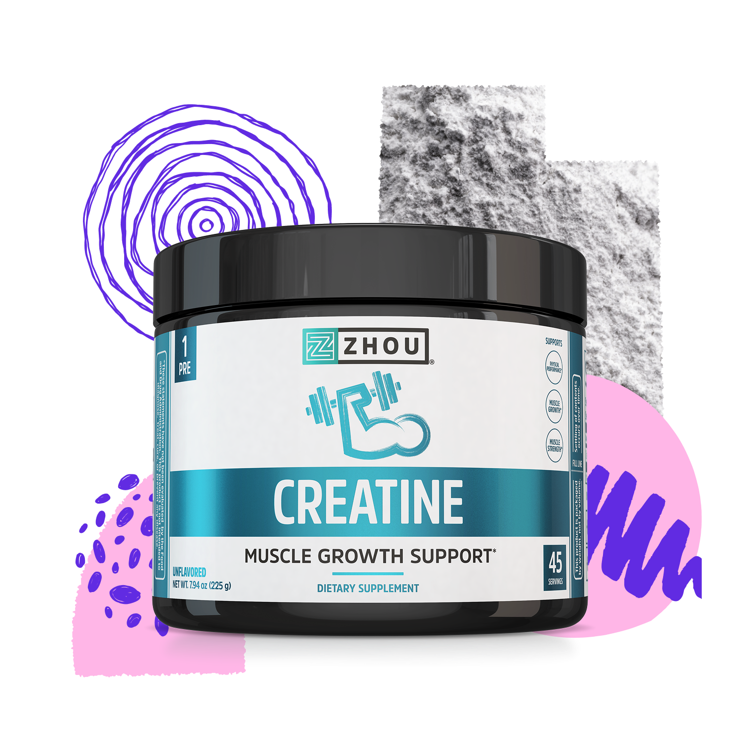 A Zhou Nutrition Creatine container with abstract shapes, supporting muscle strength and growth in the background.