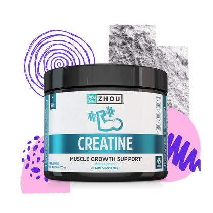 A Zhou Nutrition Creatine container with abstract shapes, supporting muscle strength and growth in the background.