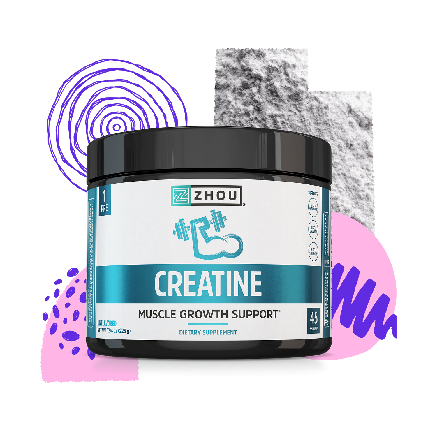 A Zhou Nutrition Creatine container with abstract shapes, supporting muscle strength and growth in the background.