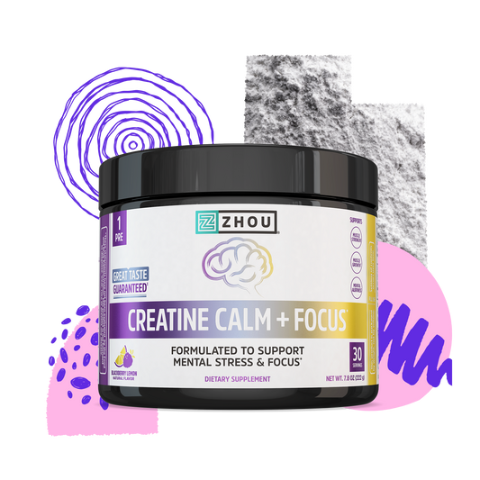 A container of Zhou Nutrition Creatine Calm + Focus supplement with abstract, colorful shapes in the background.