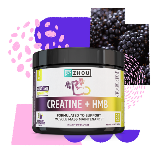 Zhou Nutrition Creatine + HMB jar, blackberry flavor, shown with blackberries for muscle support and purple accents.