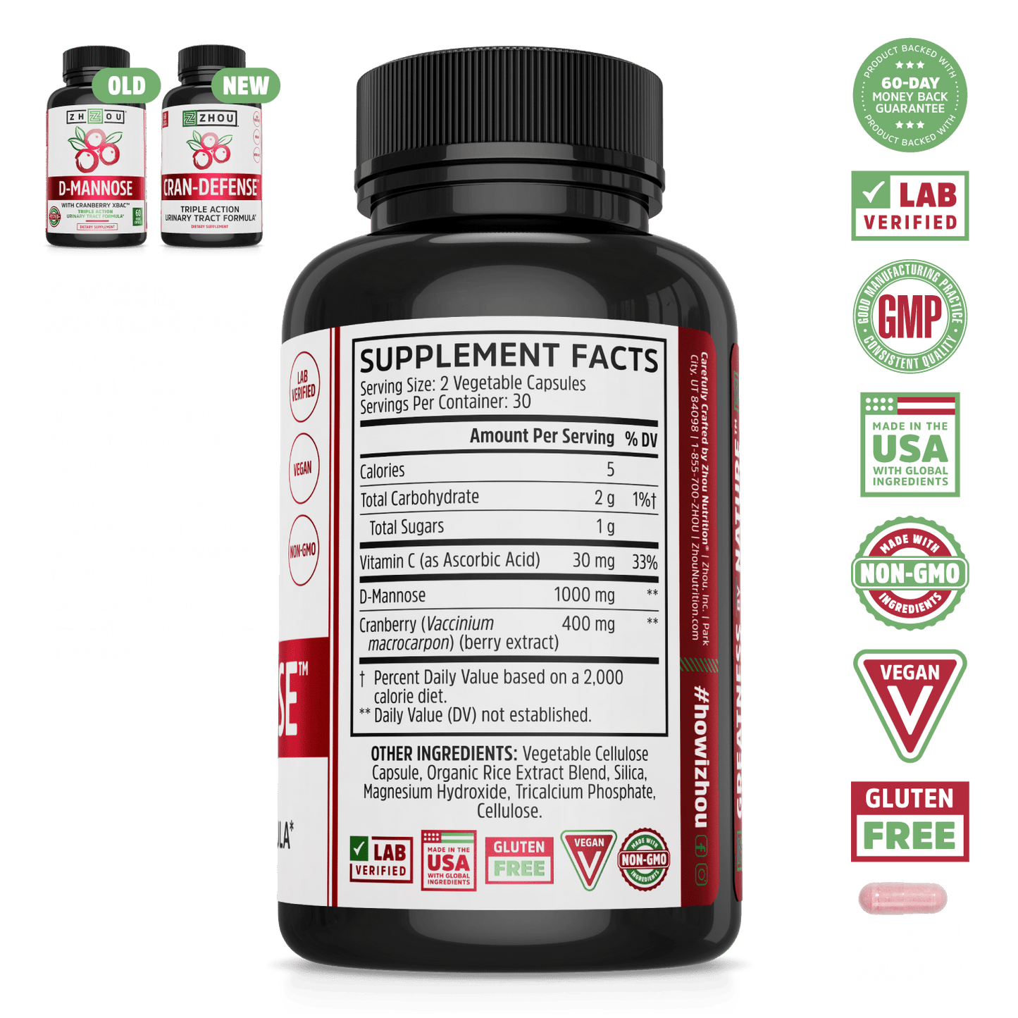 A bottle of Zhou Nutrition Cran-Defense shows its label, supplement facts, and certification badges.