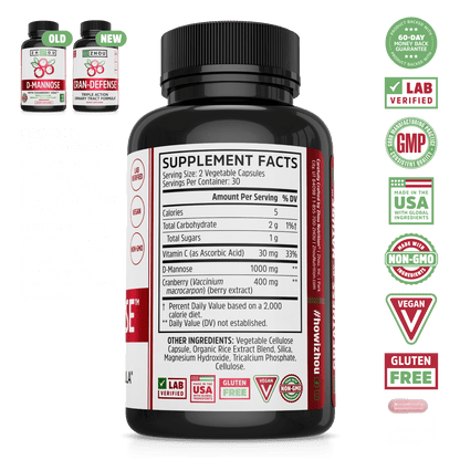 A bottle of Zhou Nutrition Cran-Defense shows its label, supplement facts, and certification badges.