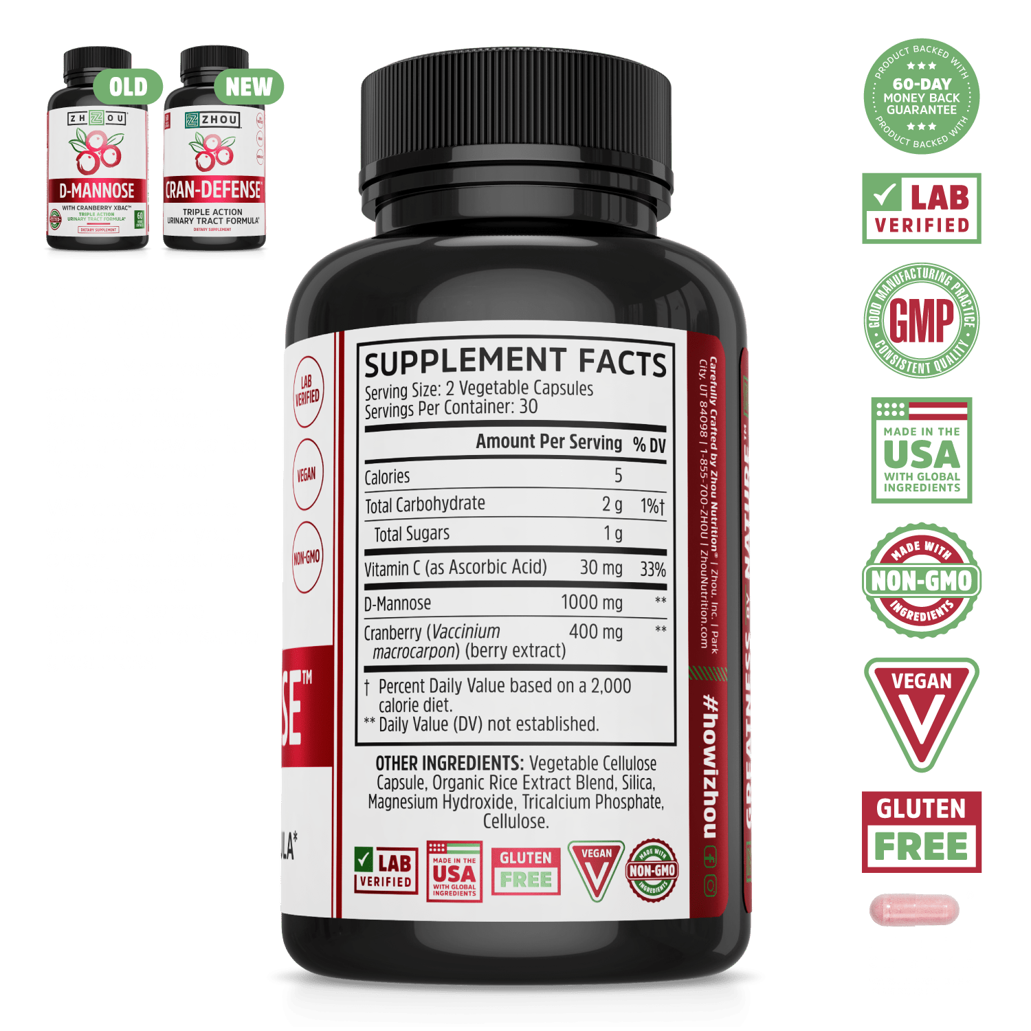 A bottle of Zhou Nutrition Cran-Defense shows its label, supplement facts, and certification badges.