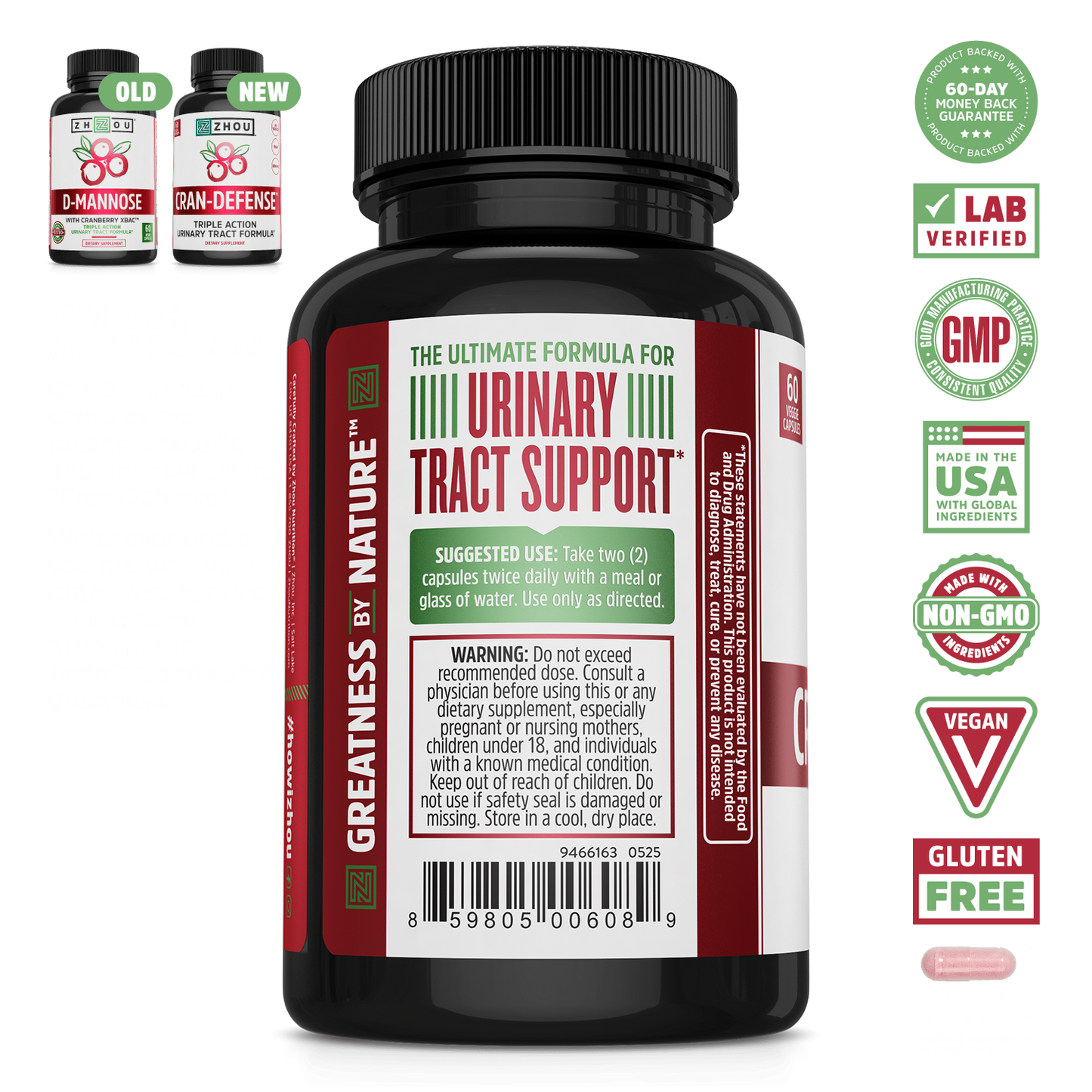 A bottle of Zhou Nutrition Cran-Defense urinary tract support with cranberry, vegan, gluten-free & lab-verified badges shown.