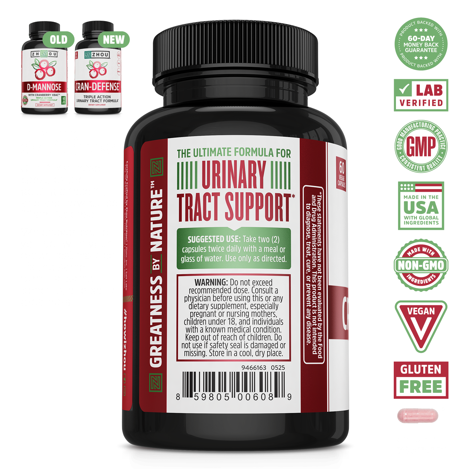 A bottle of Zhou Nutrition Cran-Defense urinary tract support with cranberry, vegan, gluten-free & lab-verified badges shown.