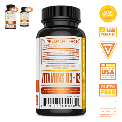 Black bottle of Zhou Nutrition D3 + K2 for bone health, featuring Supplement Facts label and key product features.