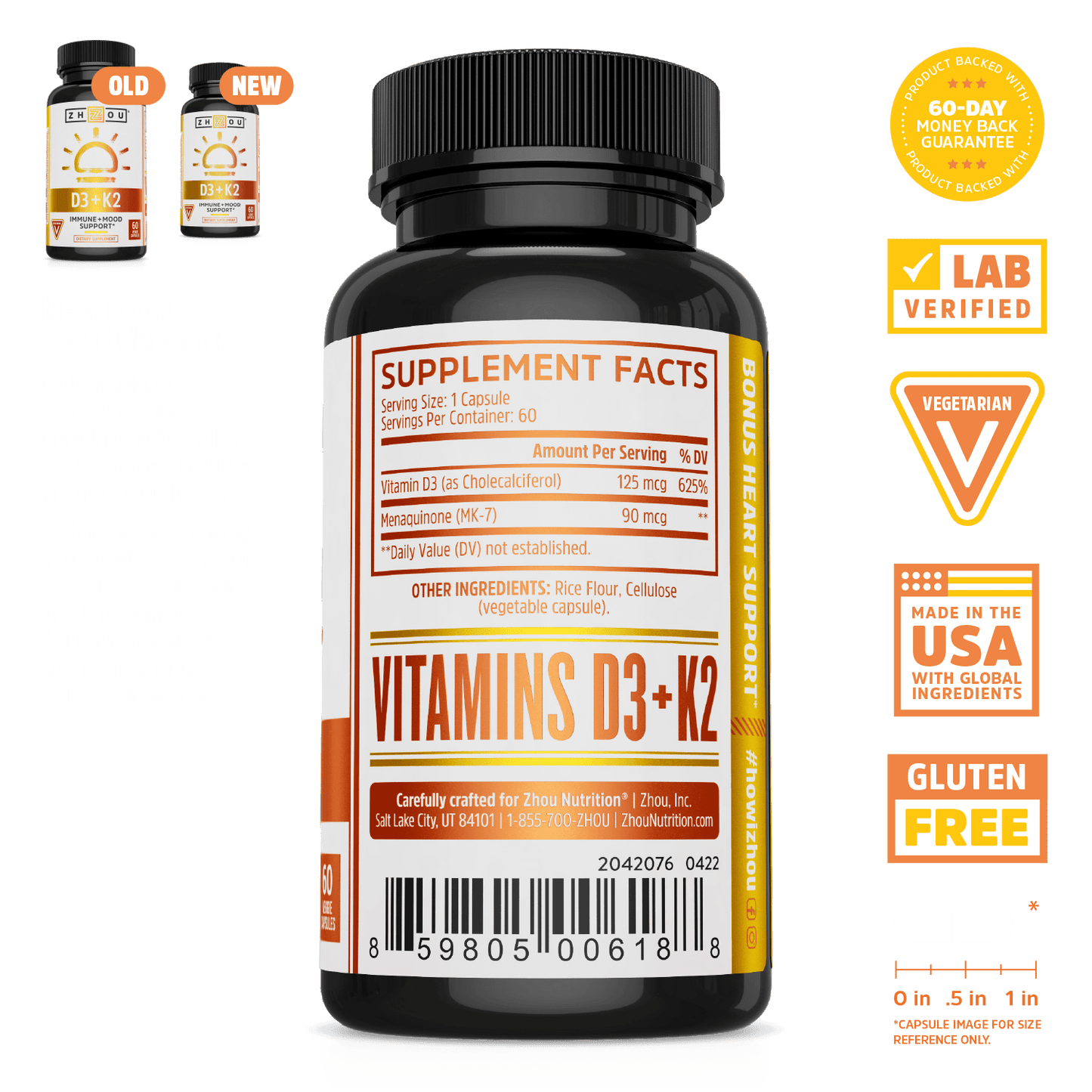 Black bottle of Zhou Nutrition D3 + K2 for bone health, featuring Supplement Facts label and key product features.