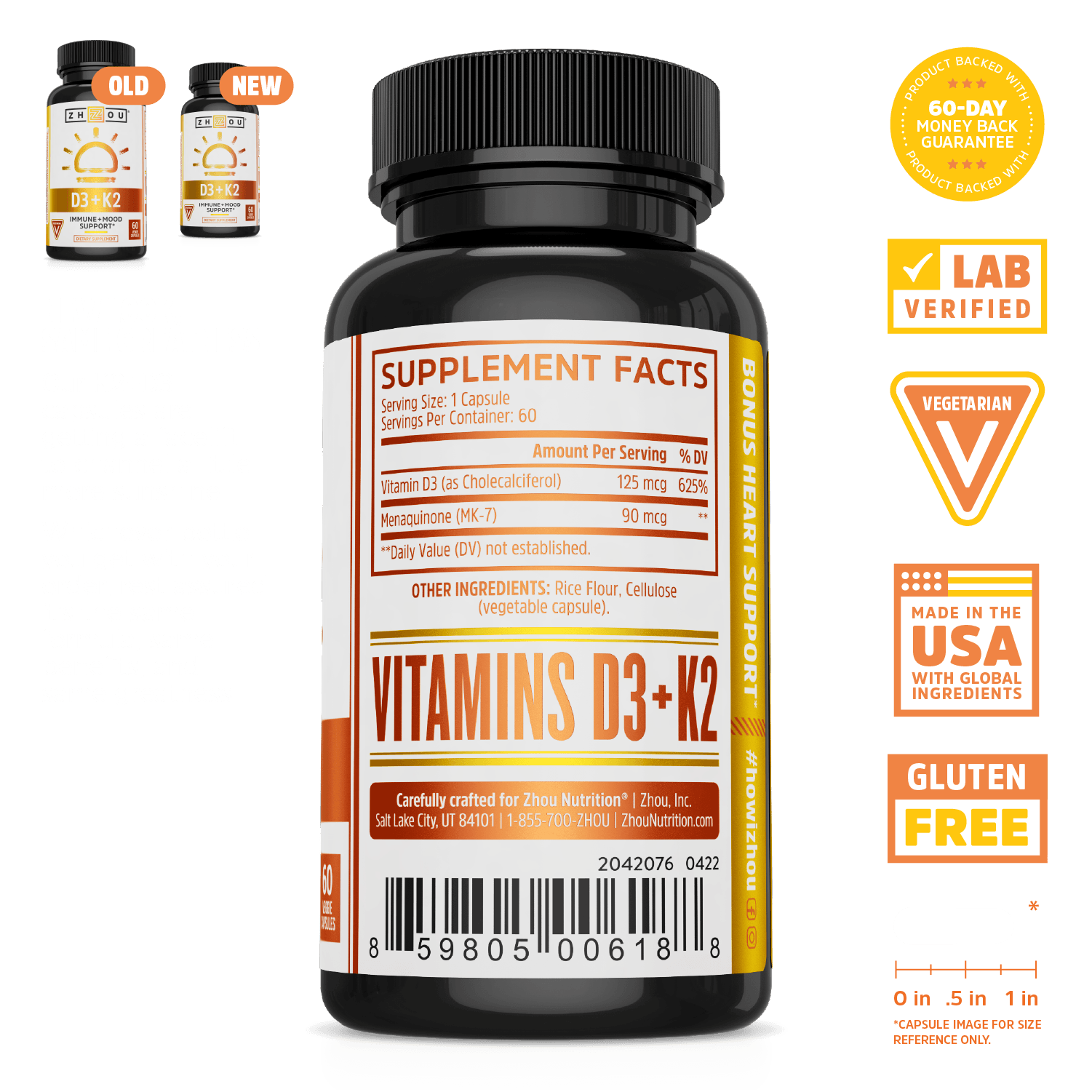 Black bottle of Zhou Nutrition D3 + K2 for bone health, featuring Supplement Facts label and key product features.
