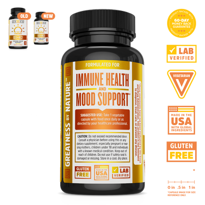 A bottle of Zhou Nutrition D3 + K2 supplements for immune, bone, and mood support with displayed certifications.
