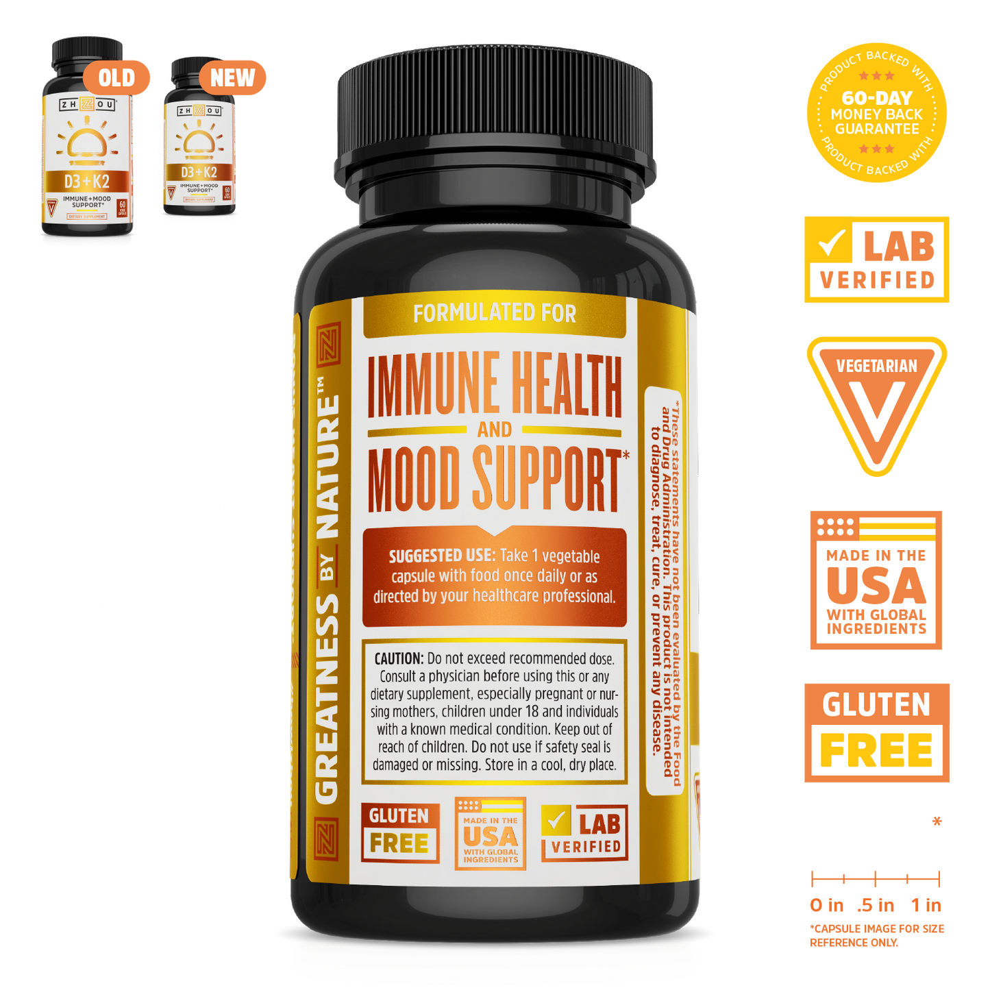 A bottle of Zhou Nutrition D3 + K2 supplements for immune, bone, and mood support with displayed certifications.