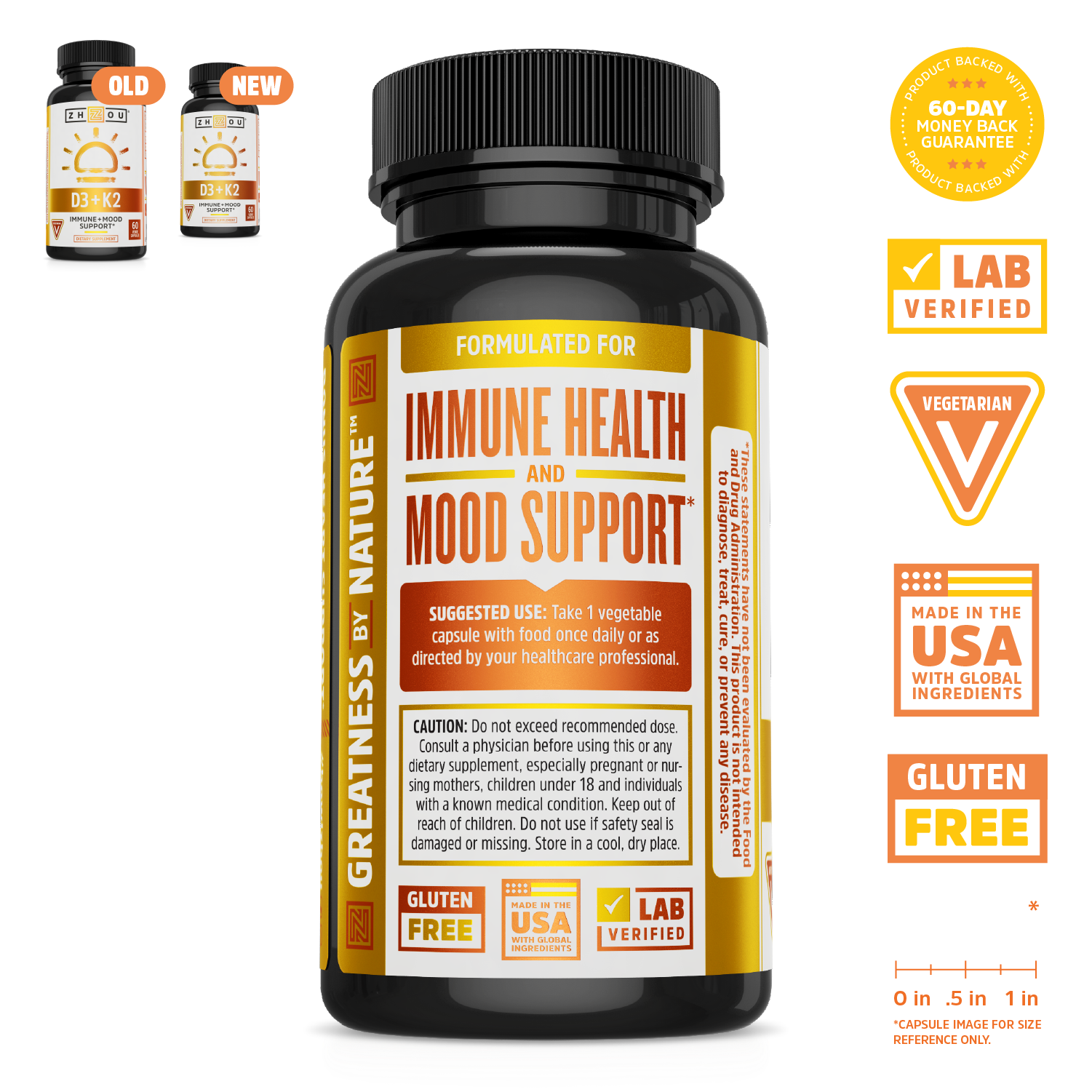A bottle of Zhou Nutrition D3 + K2 supplements for immune, bone, and mood support with displayed certifications.