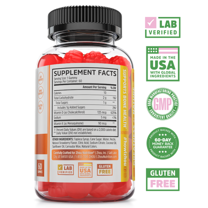 Zhou Nutrition D3 + K2 Gummies: strawberry flavor with supplement facts, lab certified, GMP & USA badges.