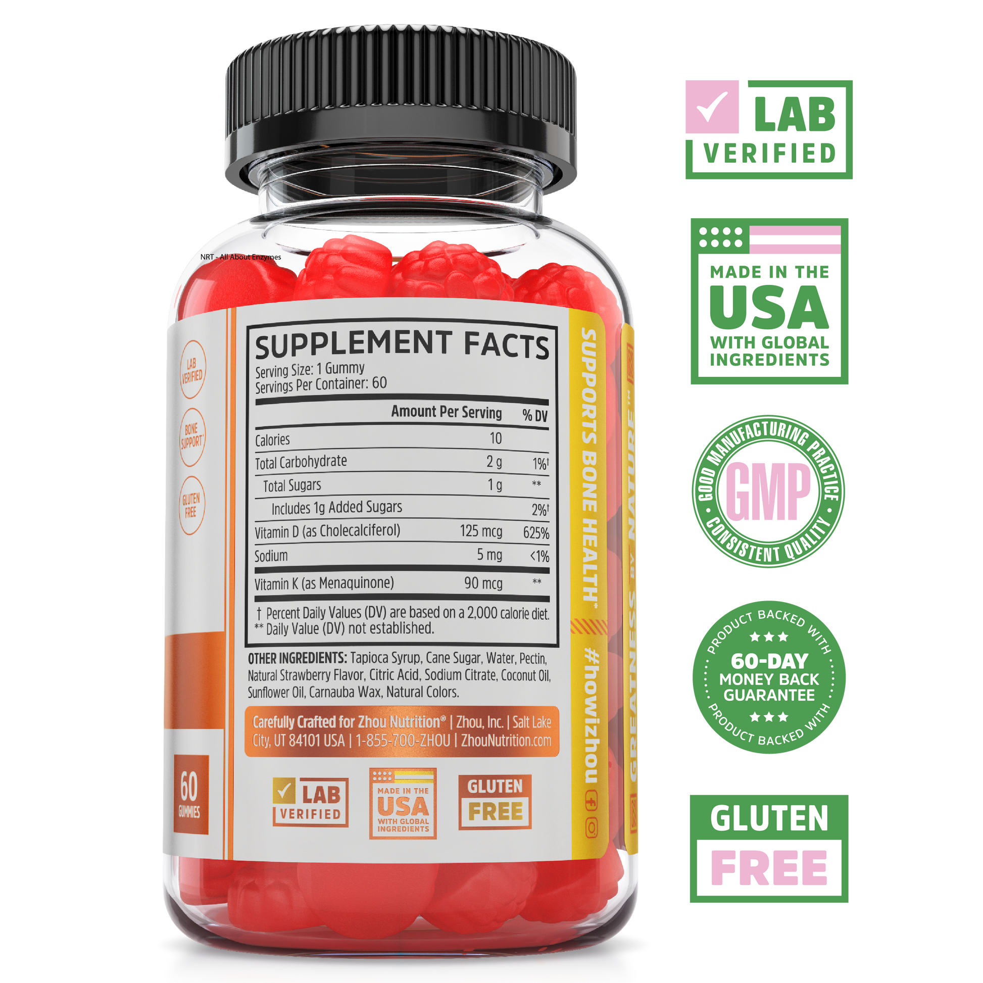 Zhou Nutrition D3 + K2 Gummies: strawberry flavor with supplement facts, lab certified, GMP & USA badges.