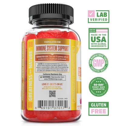 A bottle of Zhou Nutrition D3 + K2 Gummies for immune support, with icons: lab verified, GMP, gluten free, USA made.