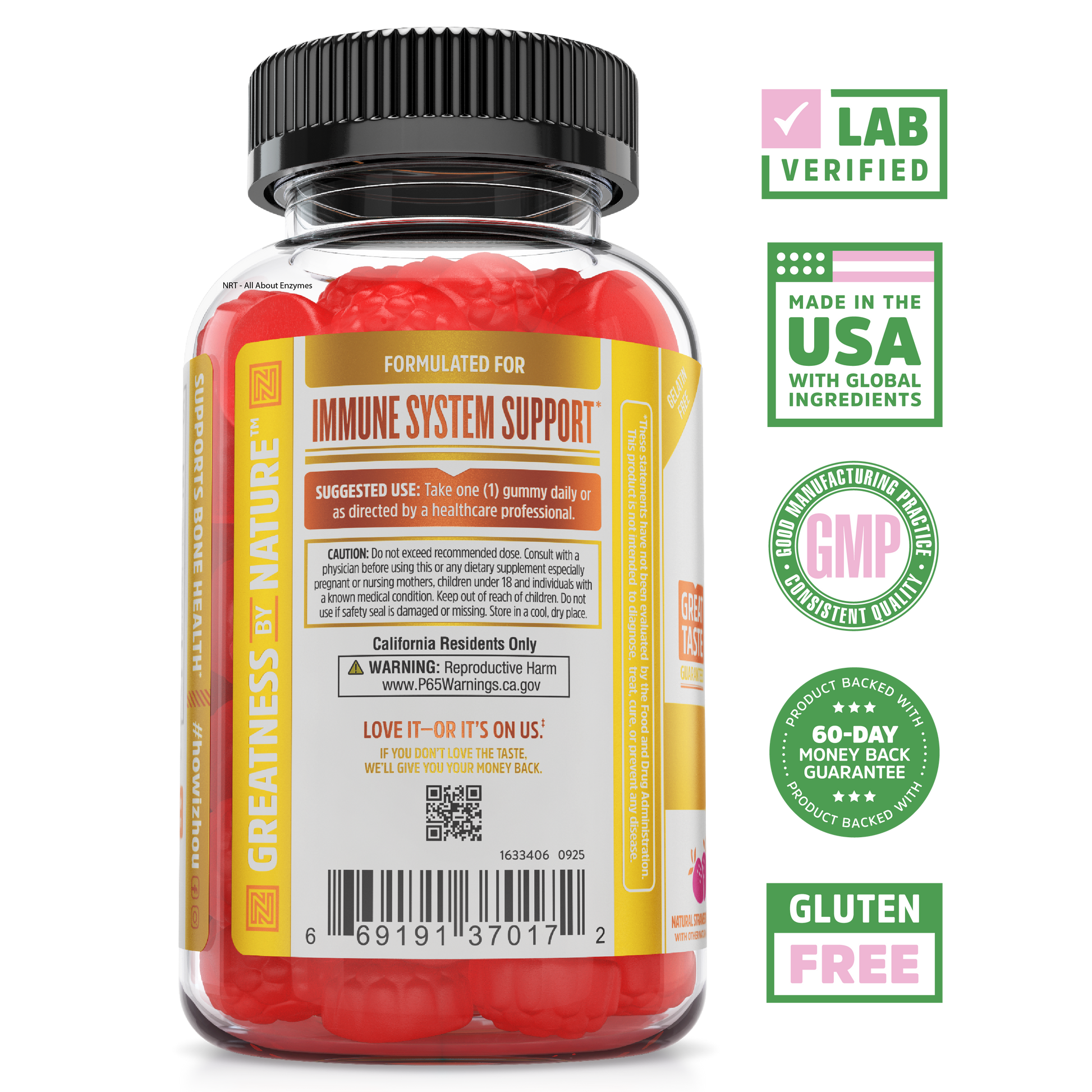 A bottle of Zhou Nutrition D3 + K2 Gummies for immune support, with icons: lab verified, GMP, gluten free, USA made.