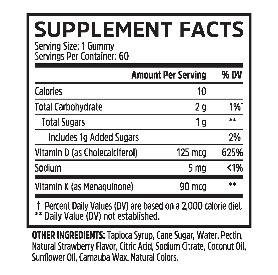 D3 + K2 Gummies by Zhou Nutrition: strawberry flavor, vitamin K2, vitamin D3, nutrients, ingredients, serving size.