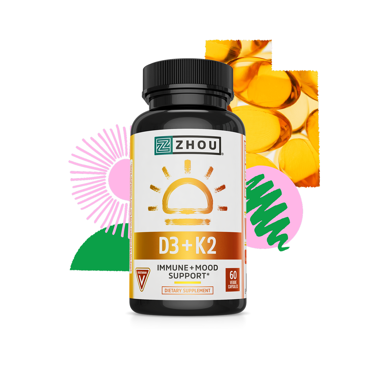 A bottle of Zhou Nutrition D3 + K2 for immune support with colorful abstract shapes in the background.
