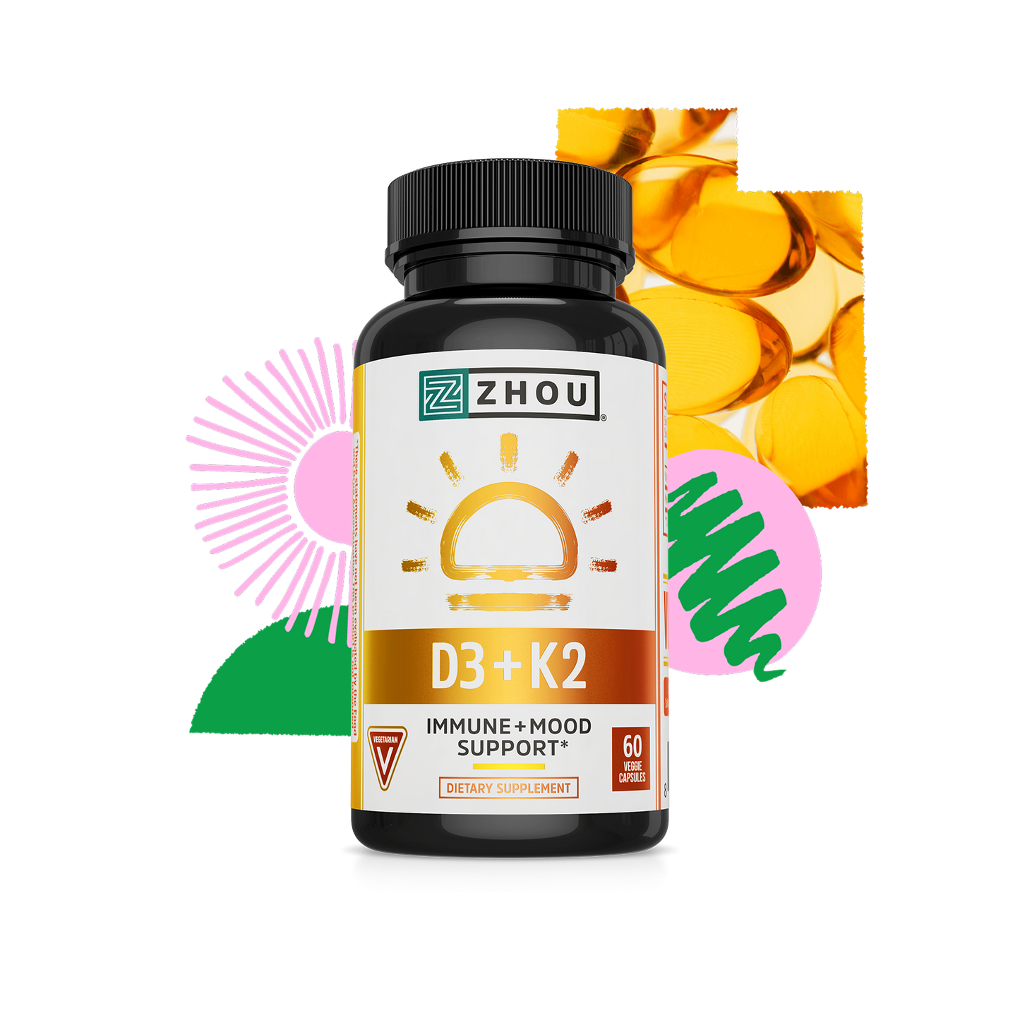A bottle of Zhou Nutrition D3 + K2 for immune support with colorful abstract shapes in the background.