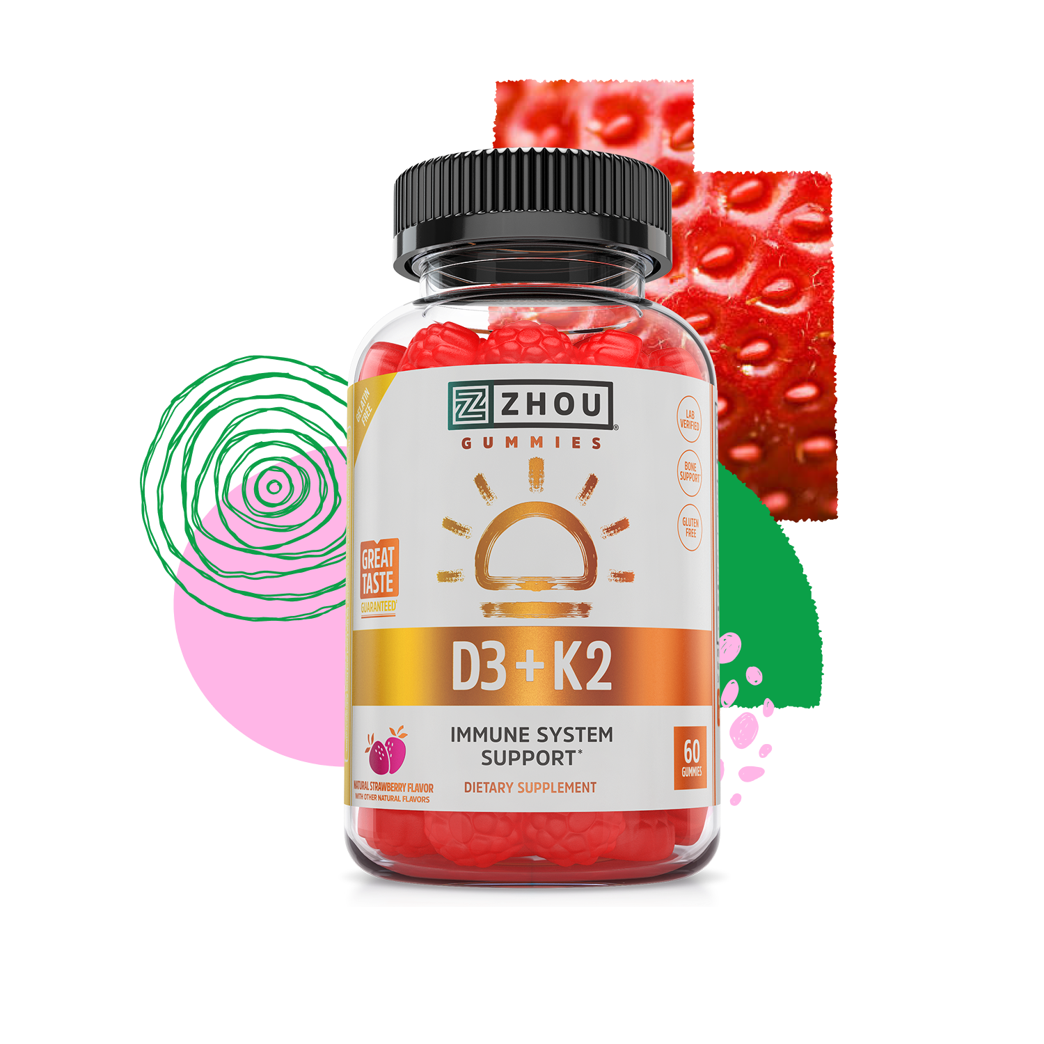 A bottle of Zhou Nutrition D3 + K2 Gummies with colorful abstract shapes and a strawberry in the background.