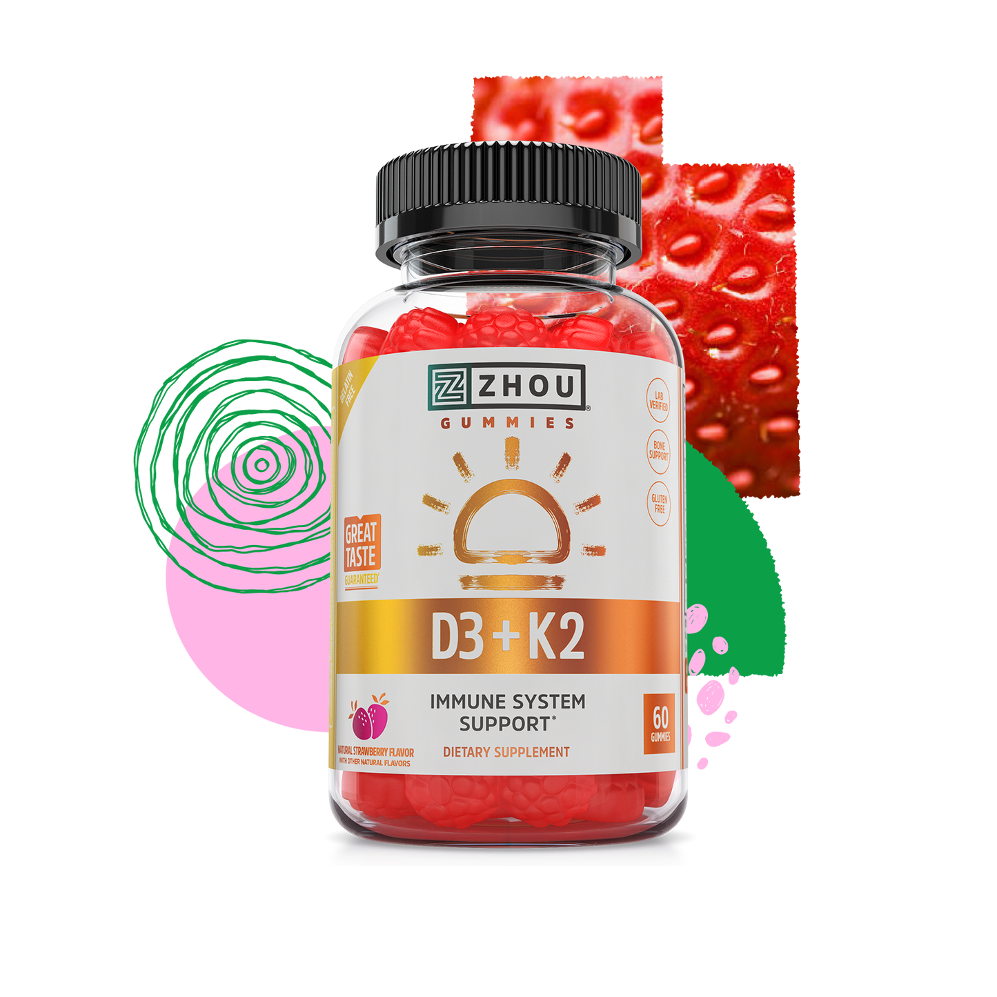 A bottle of Zhou Nutrition D3 + K2 Gummies with colorful abstract shapes and a strawberry in the background.