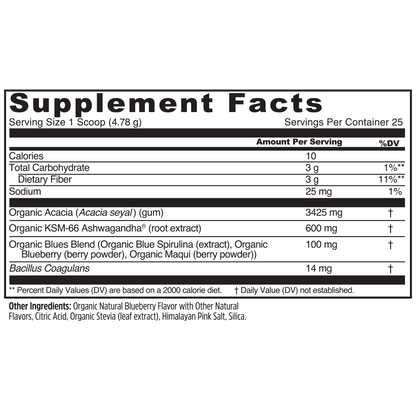 Supplement Facts label for Zhou Nutrition Daily Blues, a superfood with organic blue fruits and key nutrition info.