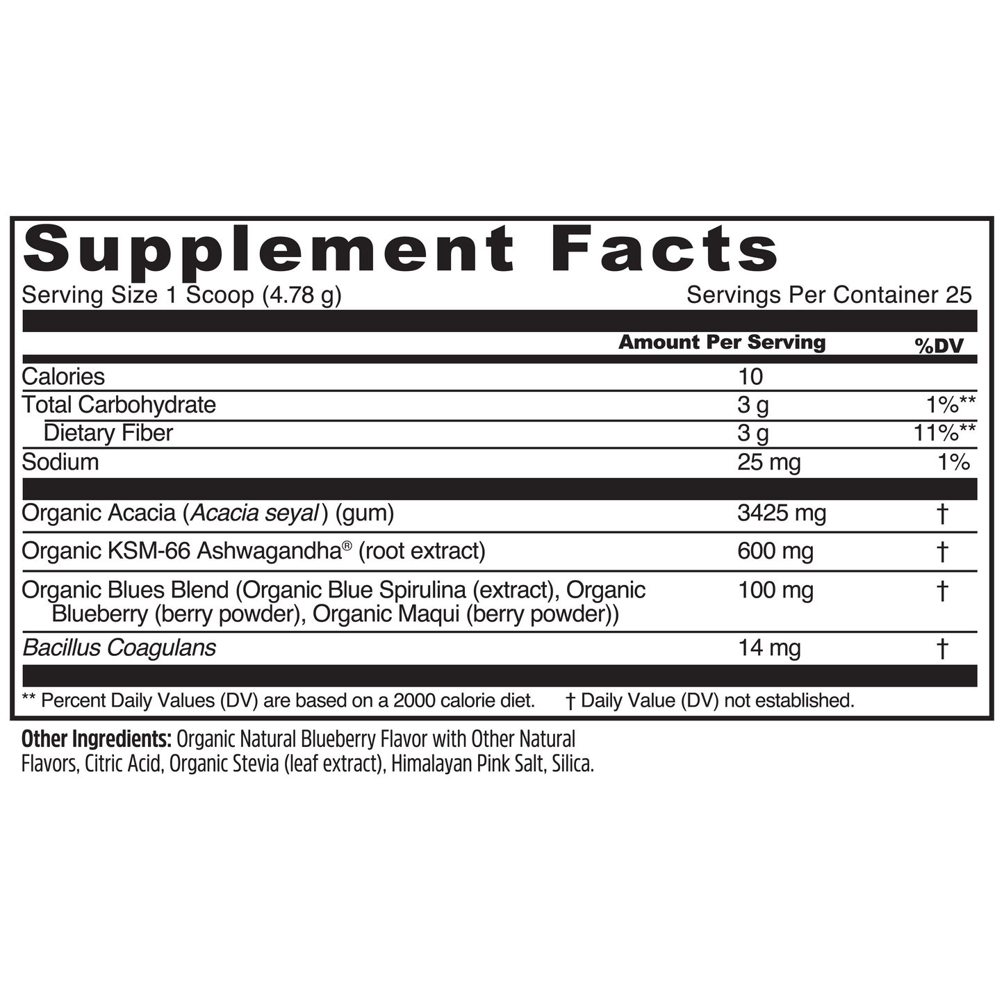Supplement Facts label for Zhou Nutrition Daily Blues, a superfood with organic blue fruits and key nutrition info.