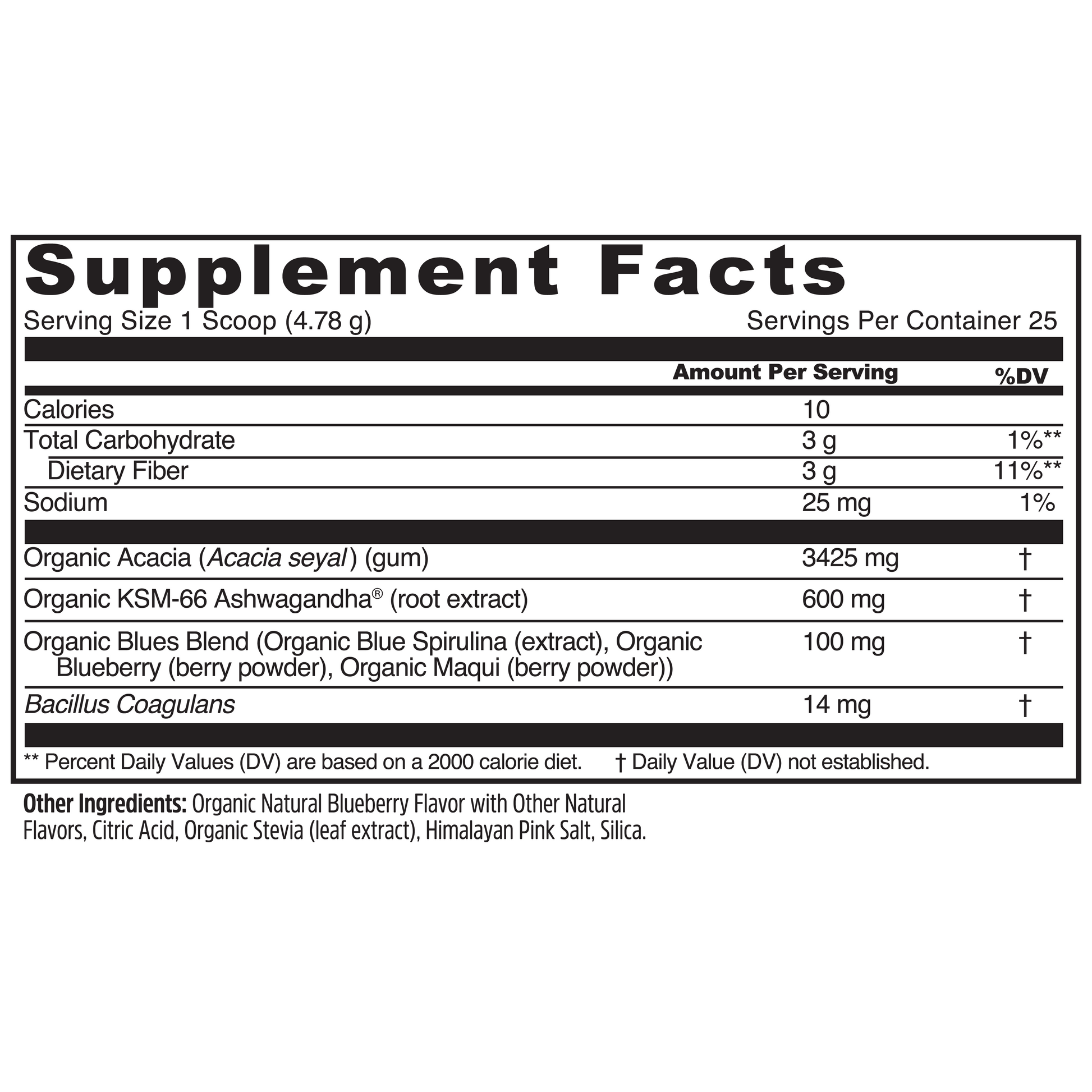 Supplement Facts label for Zhou Nutrition Daily Blues, a superfood with organic blue fruits and key nutrition info.