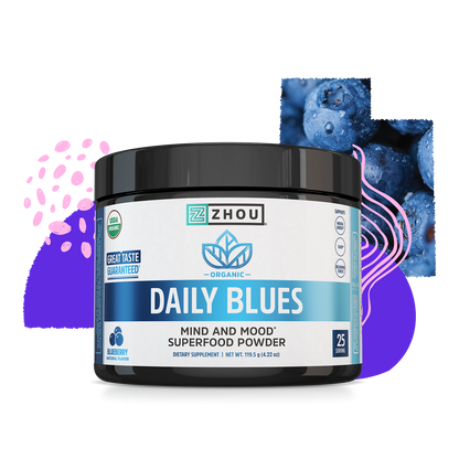 A container of Zhou Nutrition Daily Blues superfood powder with blueberries and abstract shapes in the background.
