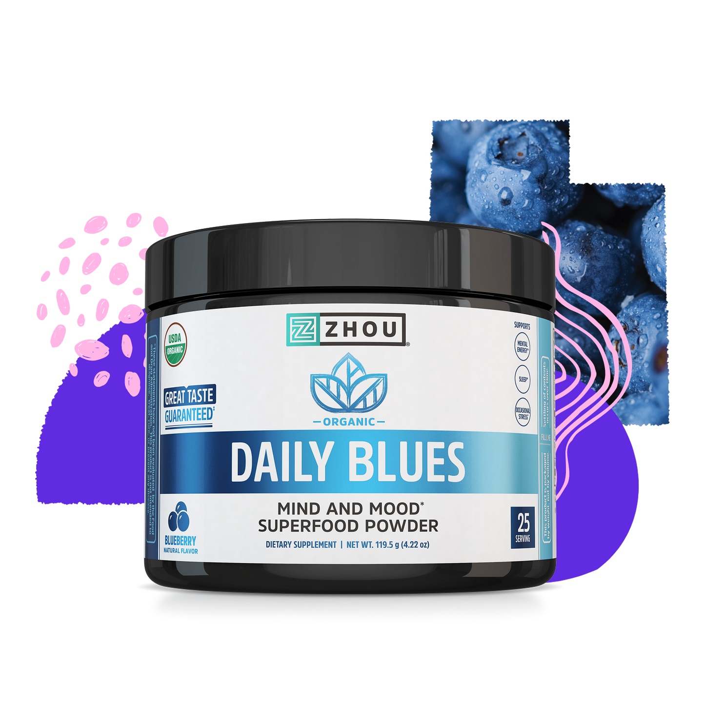 A container of Zhou Nutrition Daily Blues superfood powder with blueberries and abstract shapes in the background.