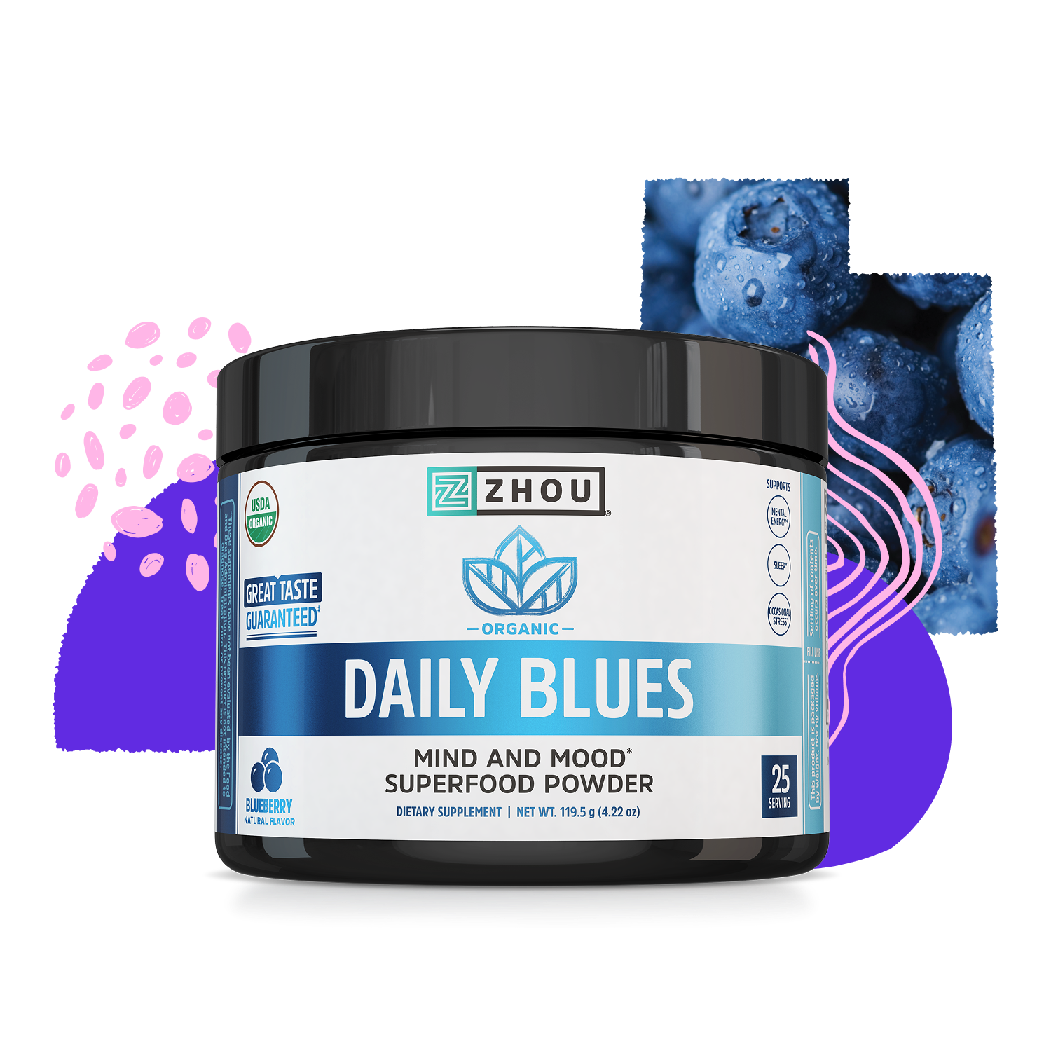 A container of Zhou Nutrition Daily Blues superfood powder with blueberries and abstract shapes in the background.