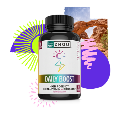 A bottle of Zhou Nutrition Daily Boost multivitamin with colorful abstract shapes and a scenic arch in the background.