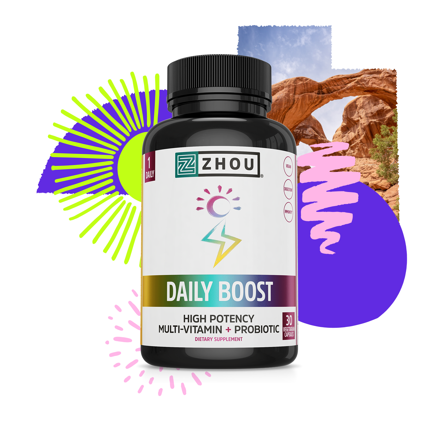 A bottle of Zhou Nutrition Daily Boost multivitamin with colorful abstract shapes and a scenic arch in the background.