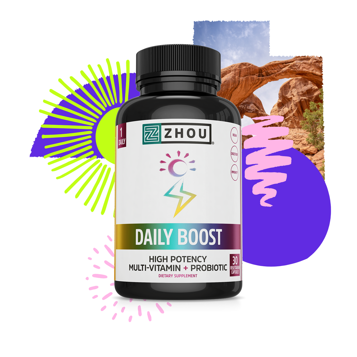 A bottle of Zhou Nutrition Daily Boost multivitamin with colorful abstract shapes and a scenic arch in the background.