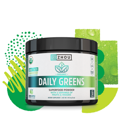 A container of Zhou Nutrition Daily Greens, green apple flavor, with green abstract superfood-inspired shapes behind it.