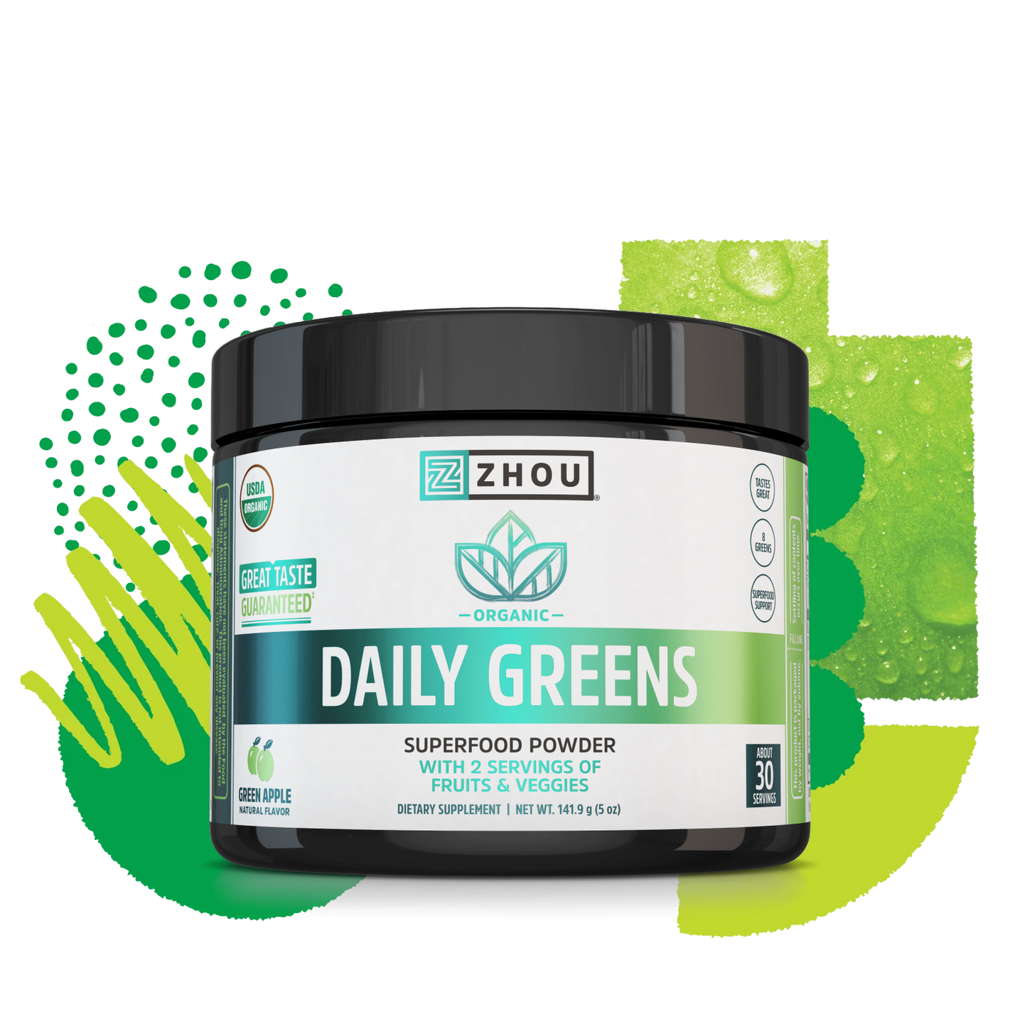 A container of Zhou Nutrition Daily Greens, green apple flavor, with green abstract superfood-inspired shapes behind it.