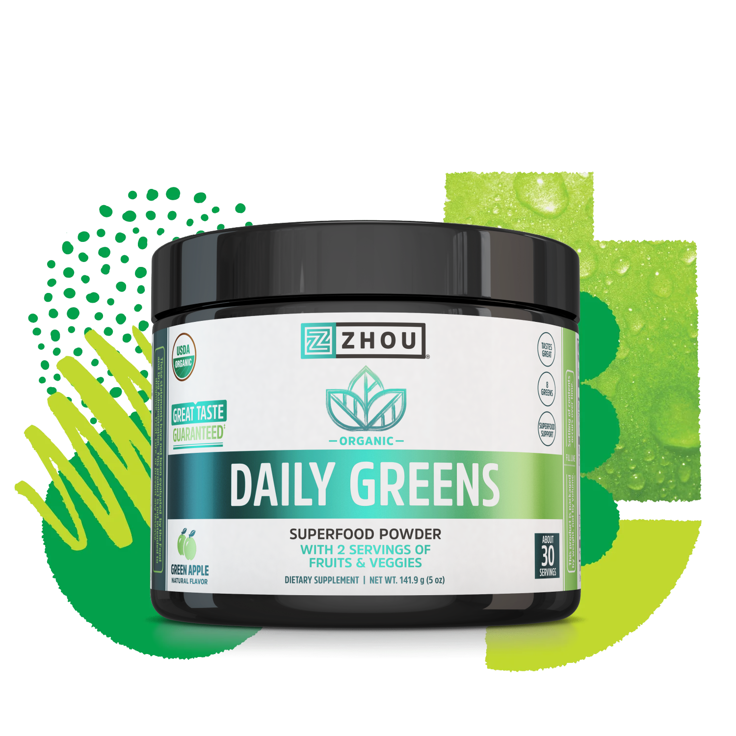 A container of Zhou Nutrition Daily Greens, green apple flavor, with green abstract superfood-inspired shapes behind it.