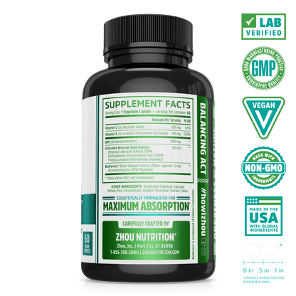 Zhou Nutrition DIM Active Hormone Balance Support for Women and Men. Bottle side. Lab verified, good manufacturing practices, vegan, made with non-GMO ingredients, made in the USA with global ingredients.